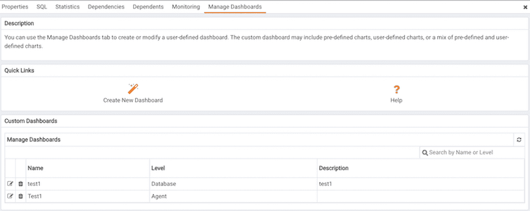 Manage Dashboard tab