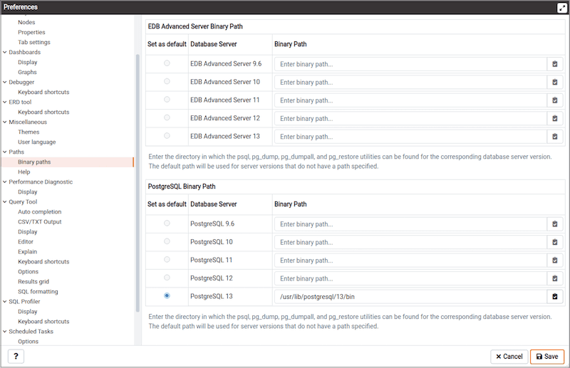 Preferences dialog - Binary path section